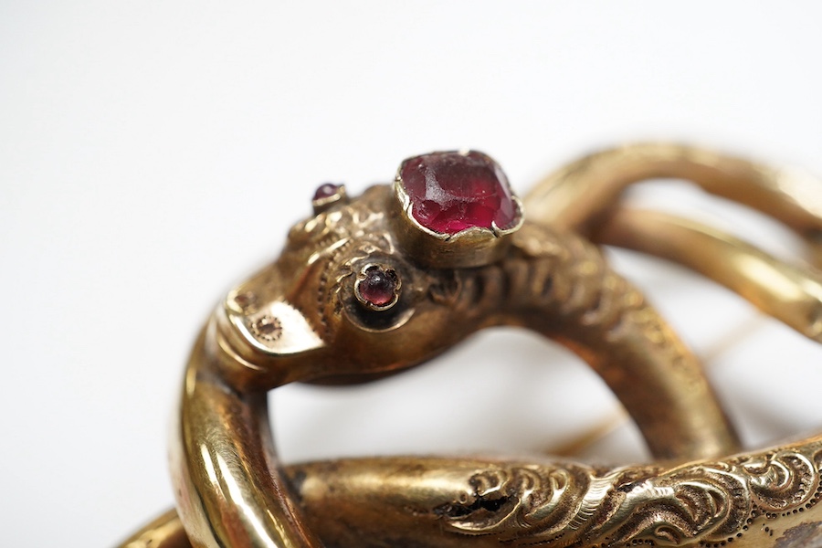 A Victorian yellow metal and gem set coiled serpent brooch, 47mm, together with two 1960's 9ct gold and gem set rings, gross weight 12.5 grams. Condition - poor to fair